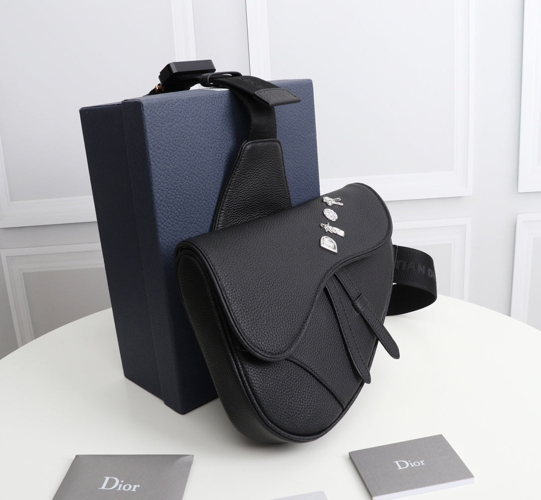 Dior 1ADPO093 Saddle Bag Black Canvas and Smooth Calfskin D