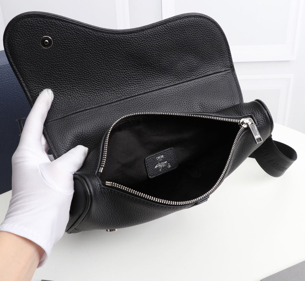 Dior 1ADPO093 Saddle Bag Black Canvas and Smooth Calfskin D