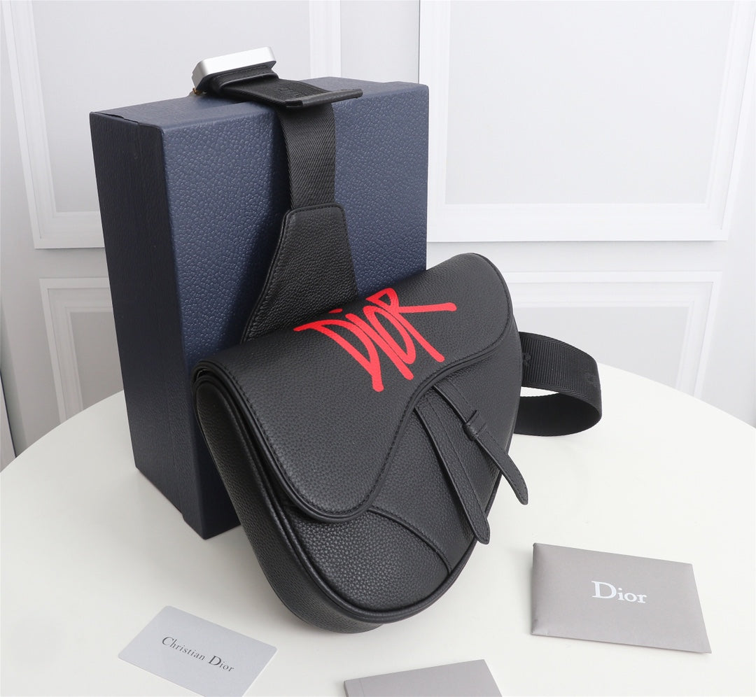 Dior 1ADPO093 Saddle Bag Black Canvas and Smooth Calfskin E