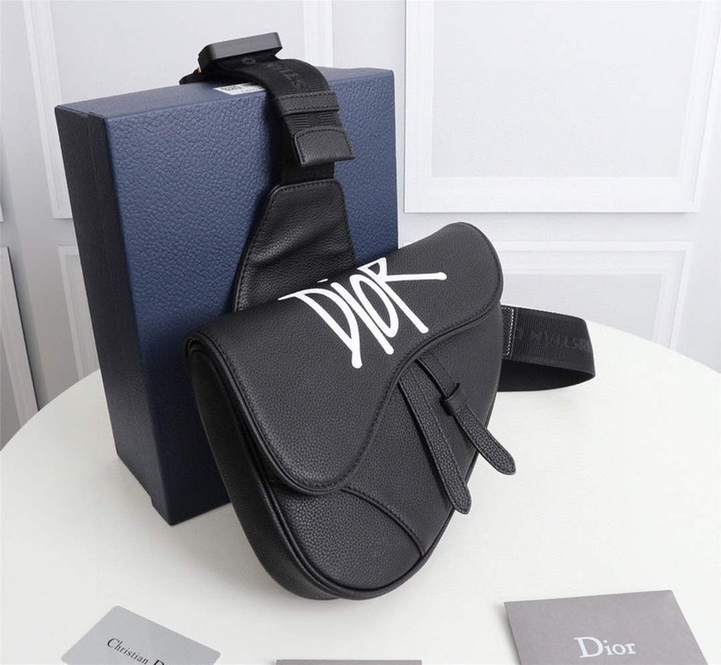 Dior 1ADPO093 Saddle Bag Black Canvas and Smooth Calfskin F