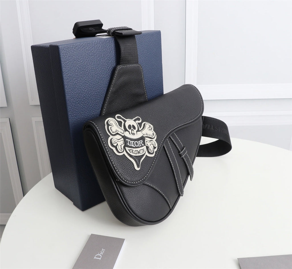 Dior 1ADPO093 Saddle Bag Black Canvas and Smooth Calfskin BB