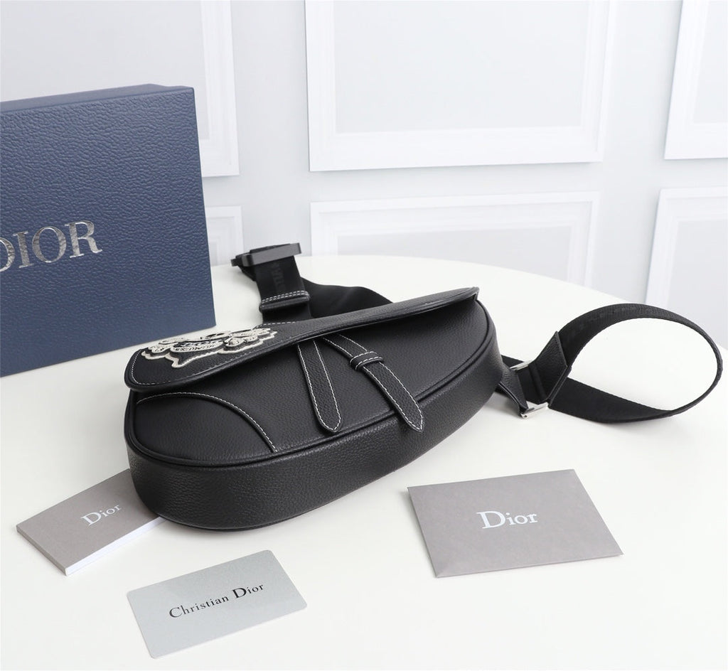 Dior 1ADPO093 Saddle Bag Black Canvas and Smooth Calfskin BB