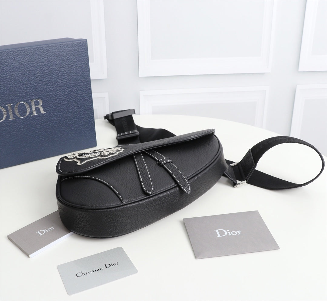 Dior 1ADPO093 Saddle Bag Black Canvas and Smooth Calfskin BB