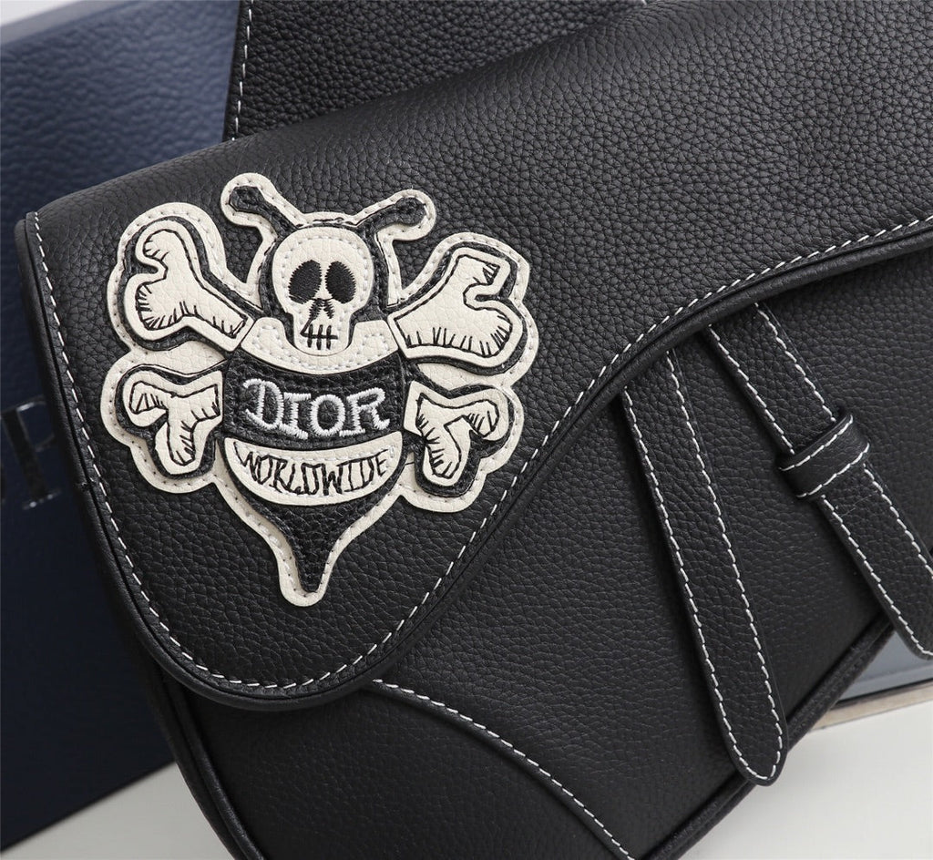 Dior 1ADPO093 Saddle Bag Black Canvas and Smooth Calfskin BB