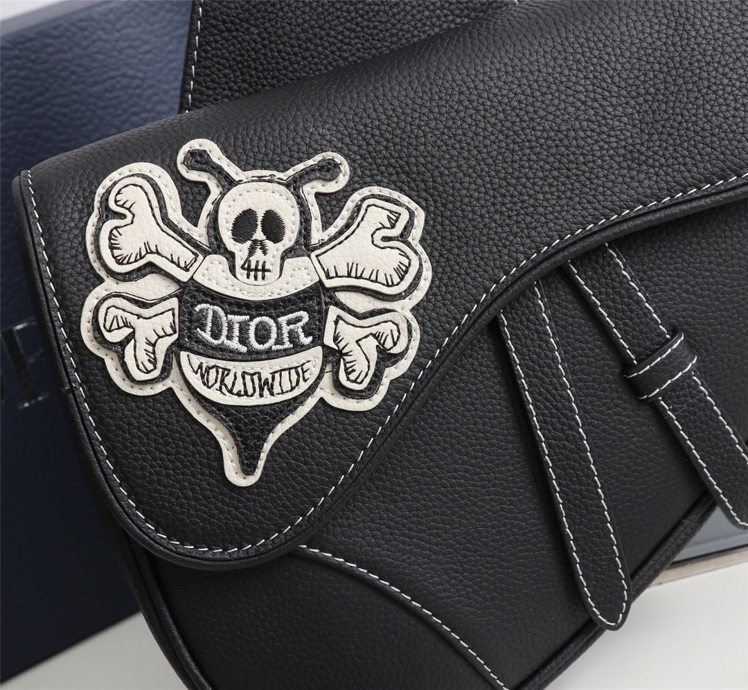 Dior 1ADPO093 Saddle Bag Black Canvas and Smooth Calfskin BB