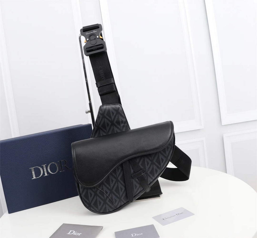 Dior 1ADPO093 Saddle Bag Black CD Diamond Canvas and Smooth Calfskin