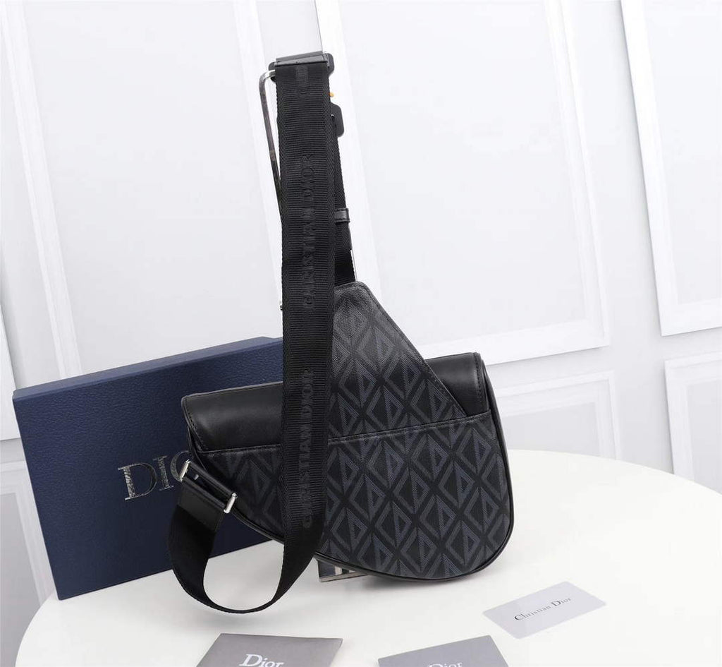 Dior 1ADPO093 Saddle Bag Black CD Diamond Canvas and Smooth Calfskin