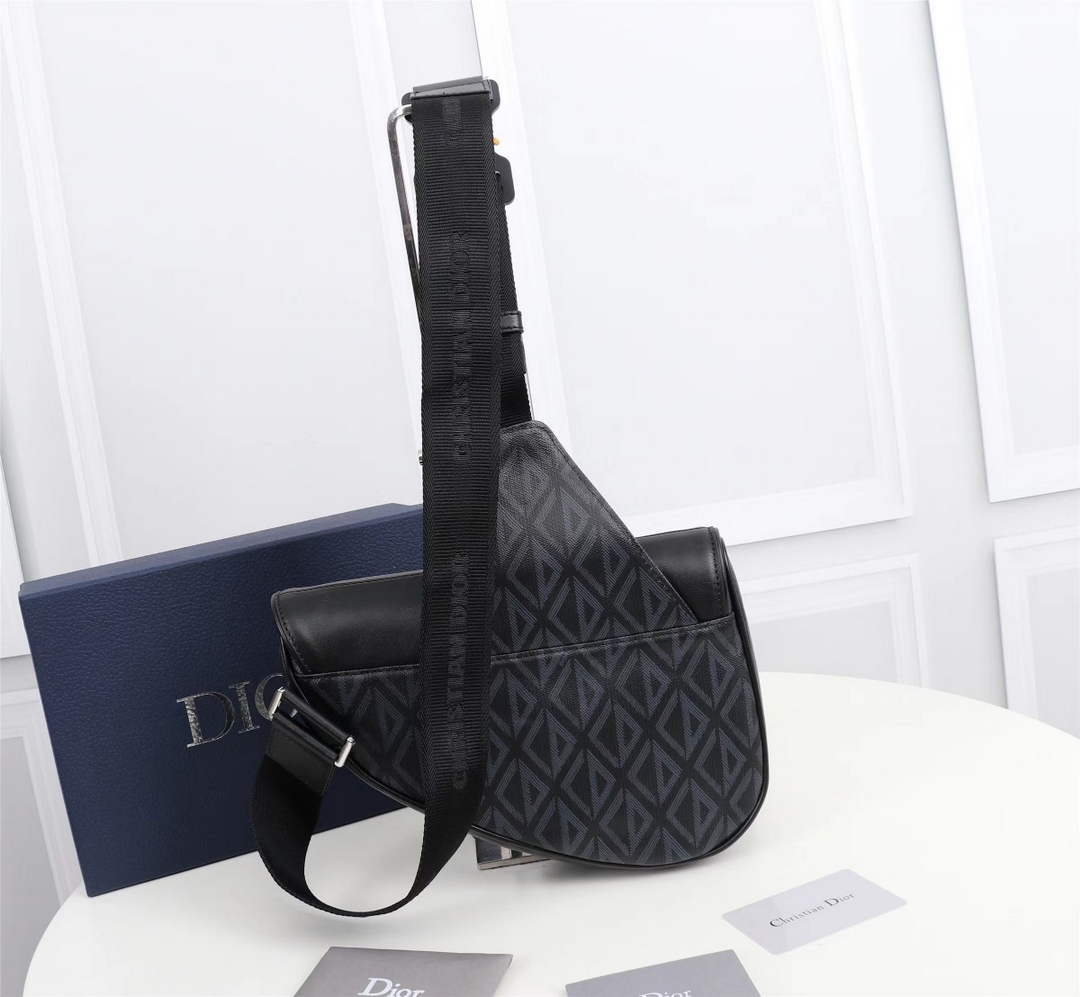 Dior 1ADPO093 Saddle Bag Black CD Diamond Canvas and Smooth Calfskin