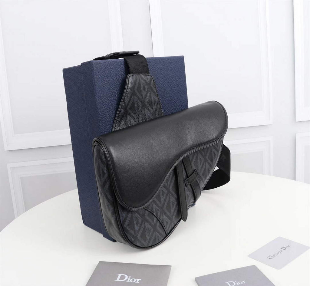 Dior 1ADPO093 Saddle Bag Black CD Diamond Canvas and Smooth Calfskin