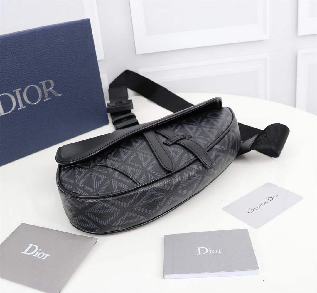 Dior 1ADPO093 Saddle Bag Black CD Diamond Canvas and Smooth Calfskin