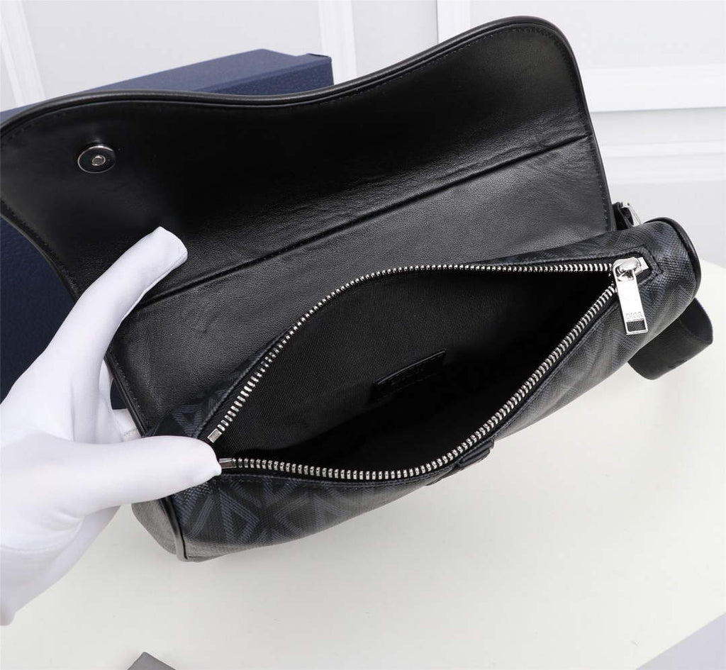 Dior 1ADPO093 Saddle Bag Black CD Diamond Canvas and Smooth Calfskin