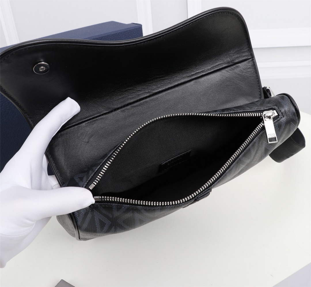 Dior 1ADPO093 Saddle Bag Black CD Diamond Canvas and Smooth Calfskin