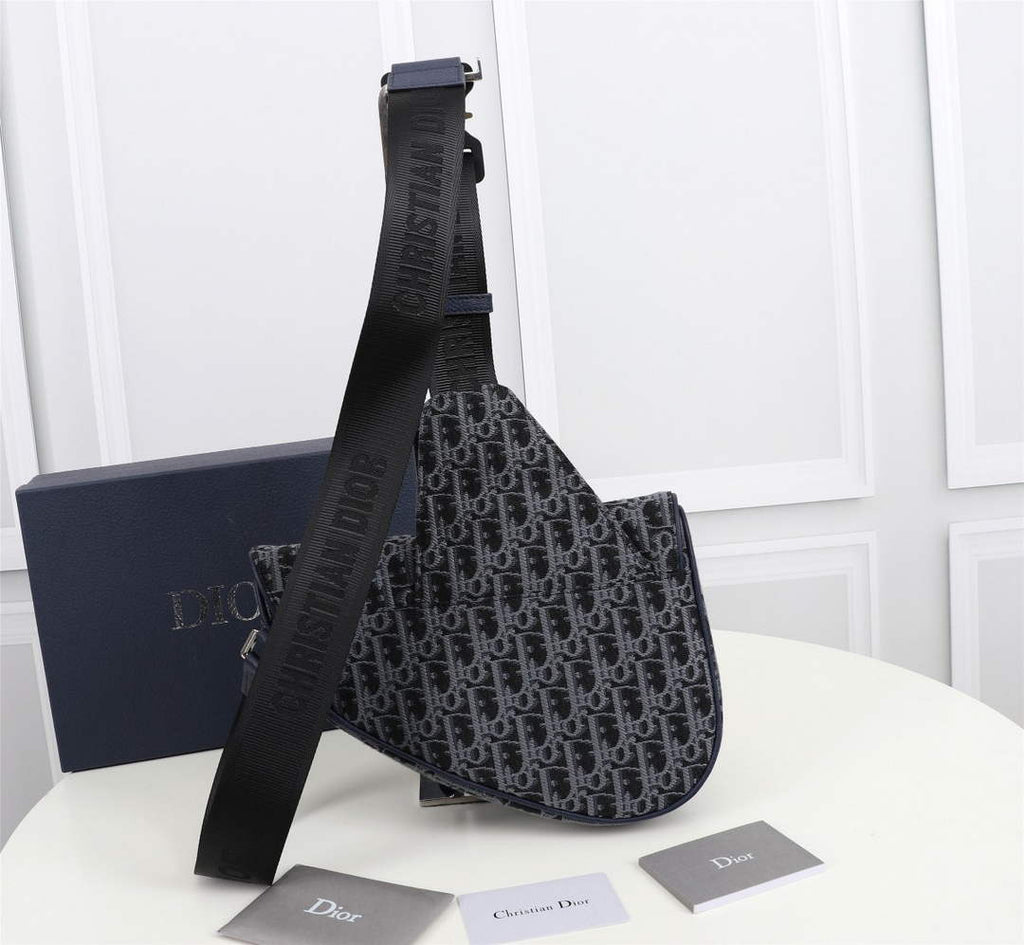 Dior 1ADPO093 Saddle Bag Blue and Black Dior Oblique Jacquard