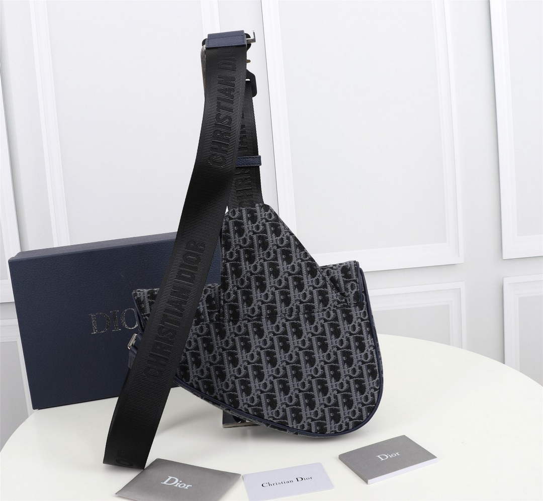 Dior 1ADPO093 Saddle Bag Blue and Black Dior Oblique Jacquard