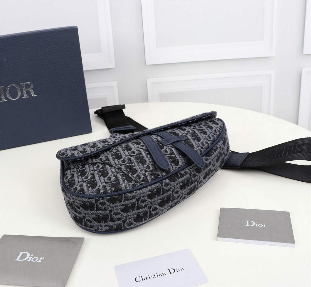 Dior 1ADPO093 Saddle Bag Blue and Black Dior Oblique Jacquard