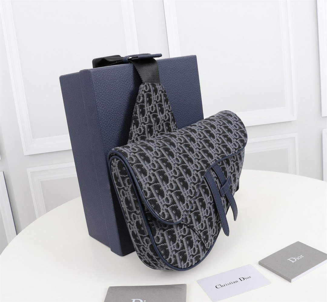 Dior 1ADPO093 Saddle Bag Blue and Black Dior Oblique Jacquard
