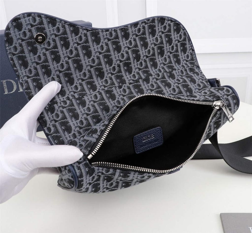 Dior 1ADPO093 Saddle Bag Blue and Black Dior Oblique Jacquard