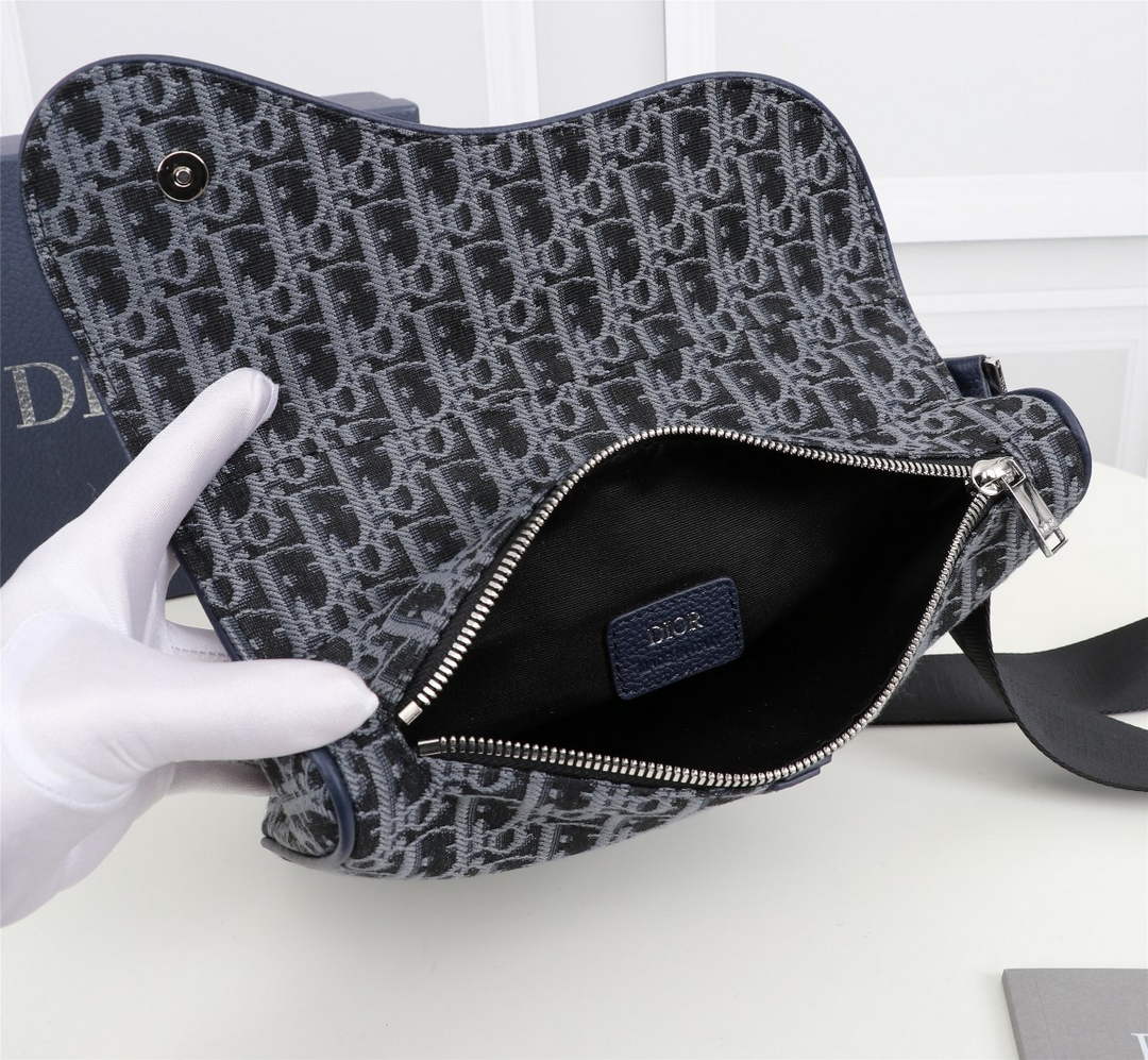 Dior 1ADPO093 Saddle Bag Blue and Black Dior Oblique Jacquard