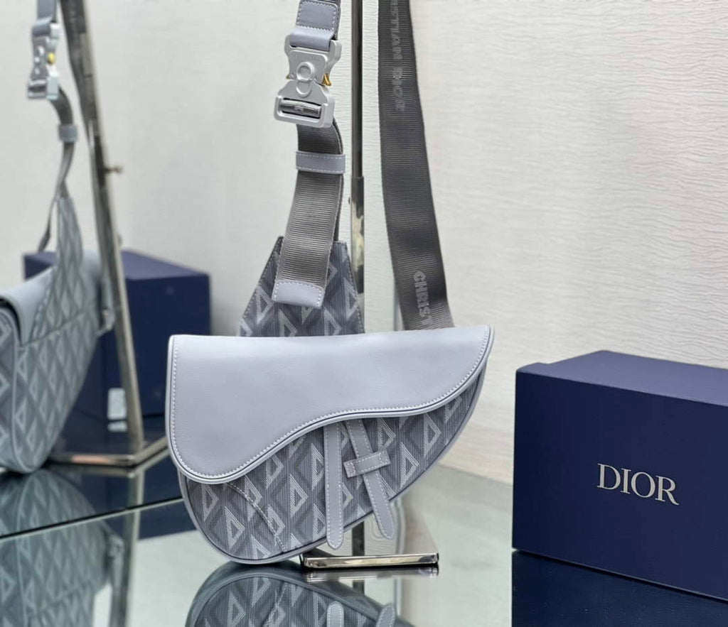 Dior 1ADPO093 Saddle Bag Gray CD Diamond Canvas and Smooth Calfskin