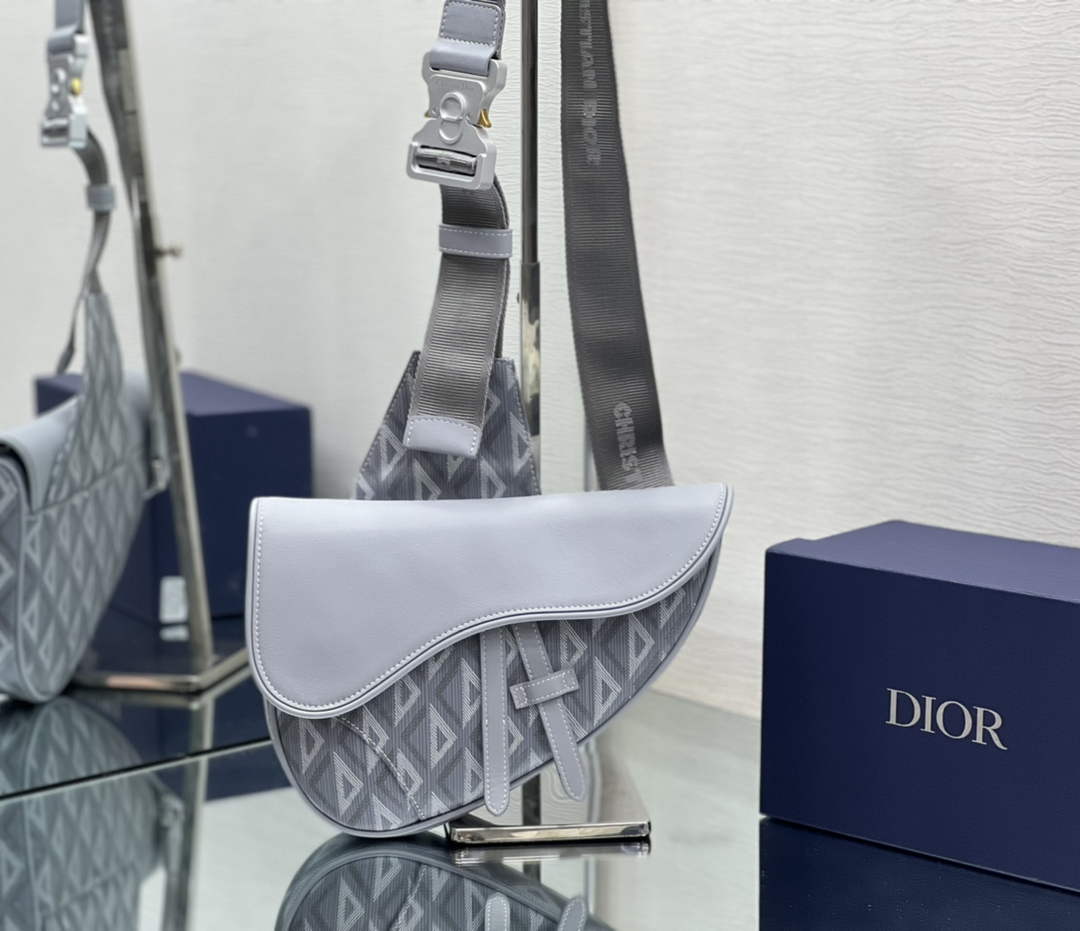 Dior 1ADPO093 Saddle Bag Gray CD Diamond Canvas and Smooth Calfskin