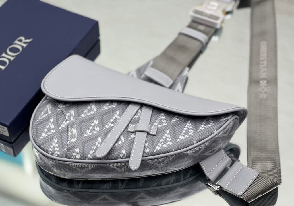 Dior 1ADPO093 Saddle Bag Gray CD Diamond Canvas and Smooth Calfskin
