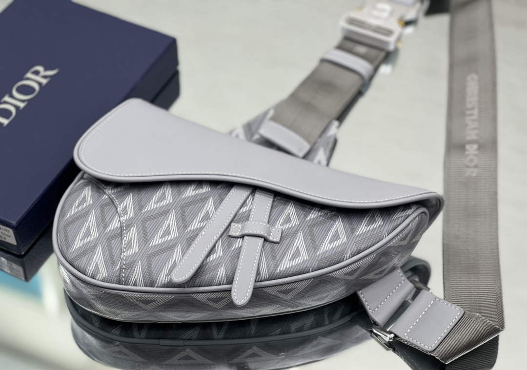 Dior 1ADPO093 Saddle Bag Gray CD Diamond Canvas and Smooth Calfskin