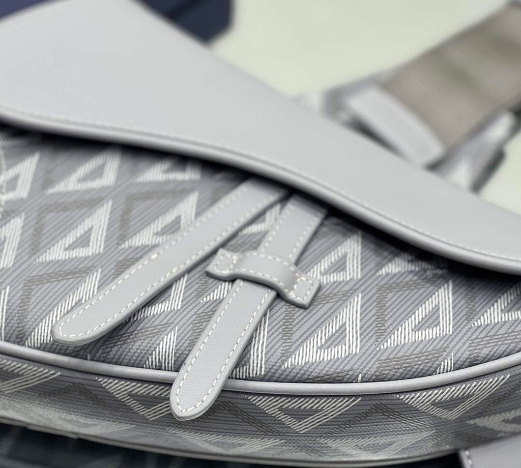 Dior 1ADPO093 Saddle Bag Gray CD Diamond Canvas and Smooth Calfskin