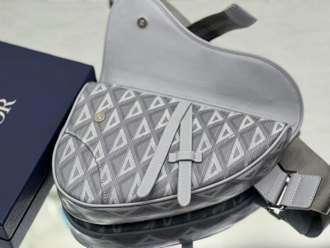 Dior 1ADPO093 Saddle Bag Gray CD Diamond Canvas and Smooth Calfskin