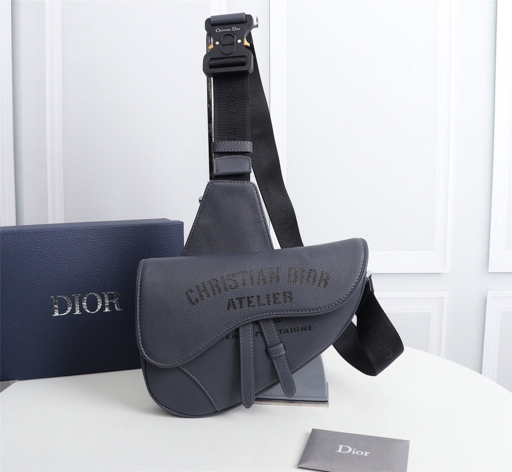 Dior 1ADPO093 Saddle Bag Gray Grained Calfskin Christian Dior 1947