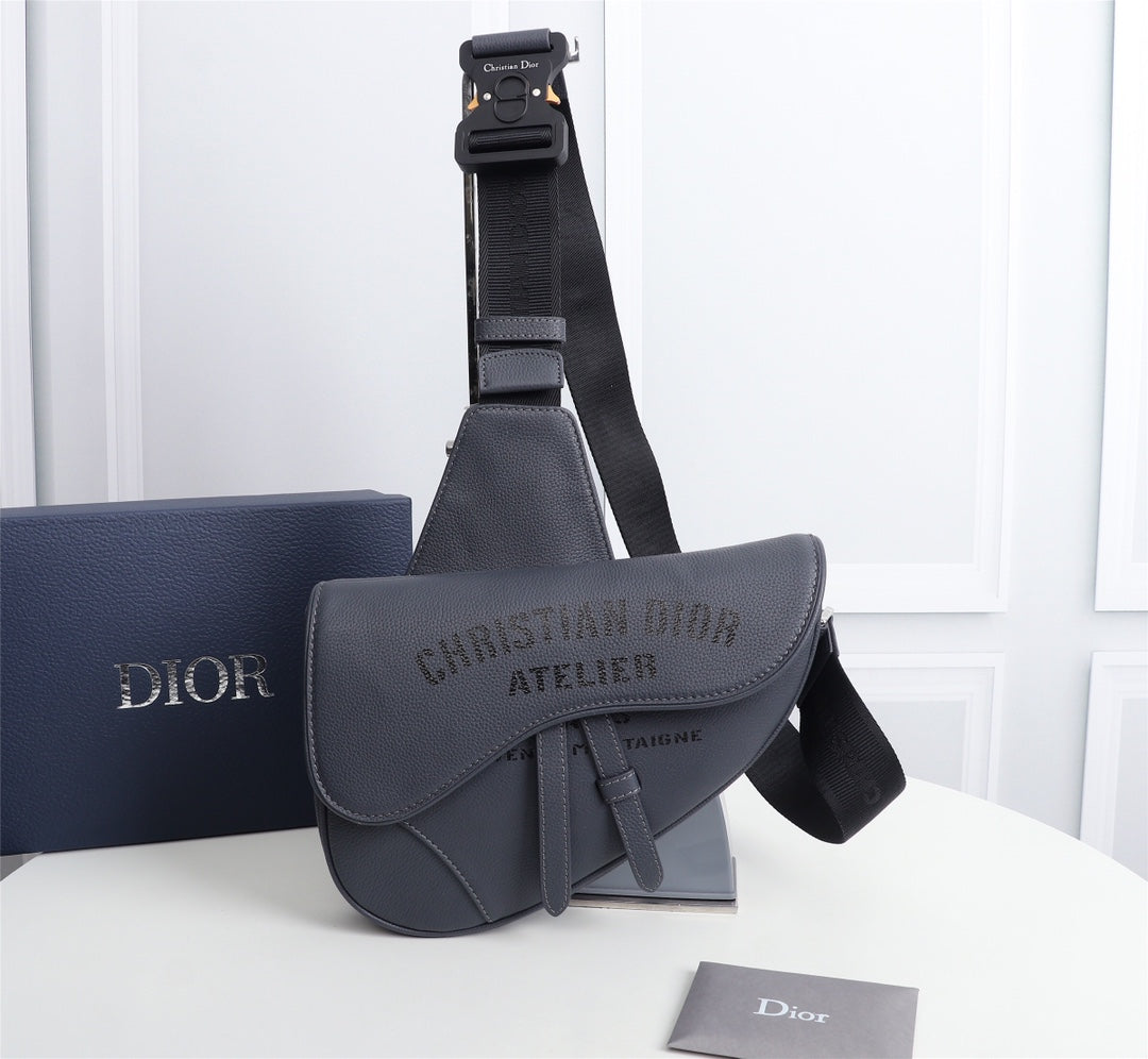 Dior 1ADPO093 Saddle Bag Gray Grained Calfskin Christian Dior 1947