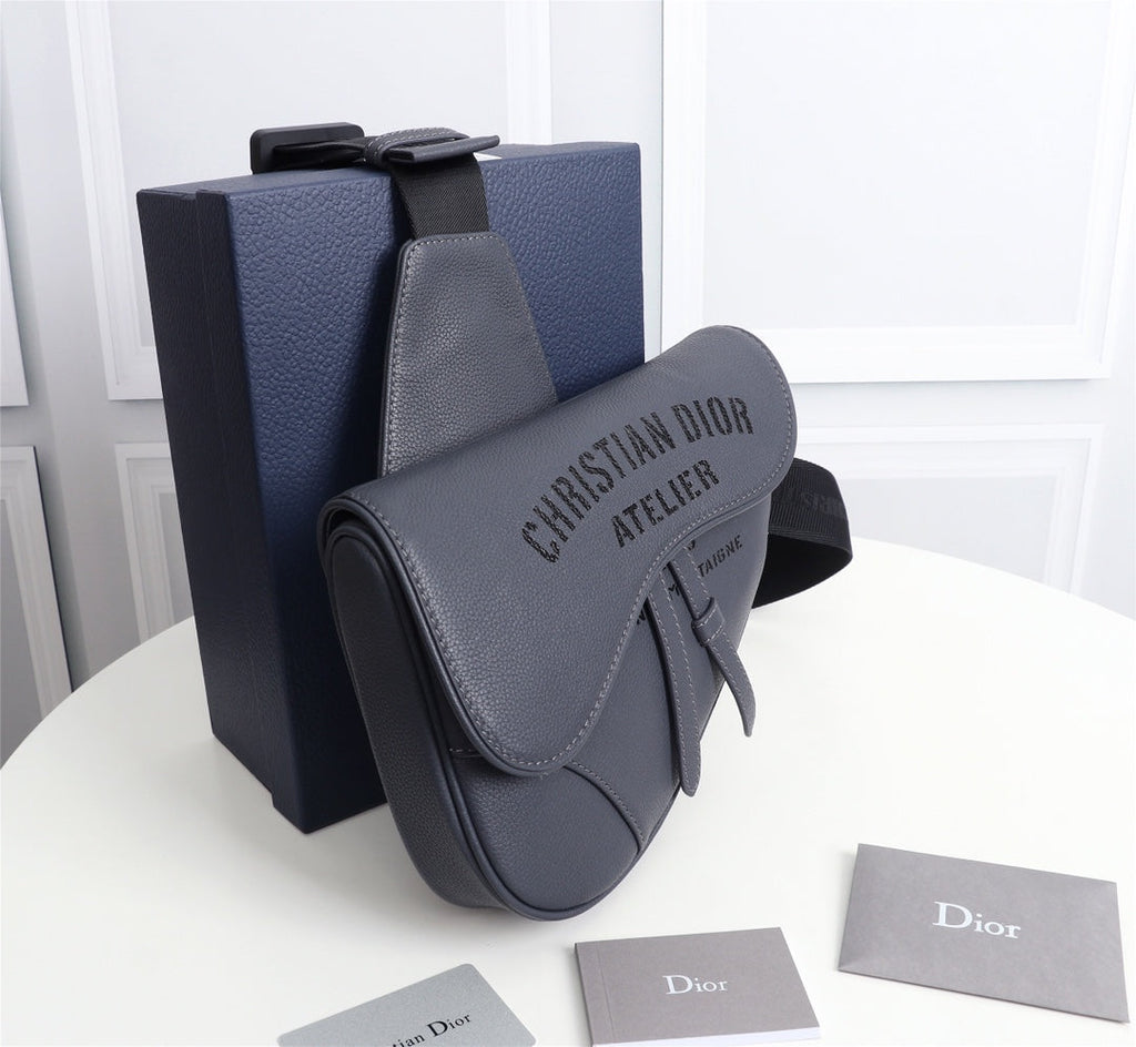 Dior 1ADPO093 Saddle Bag Gray Grained Calfskin Christian Dior 1947