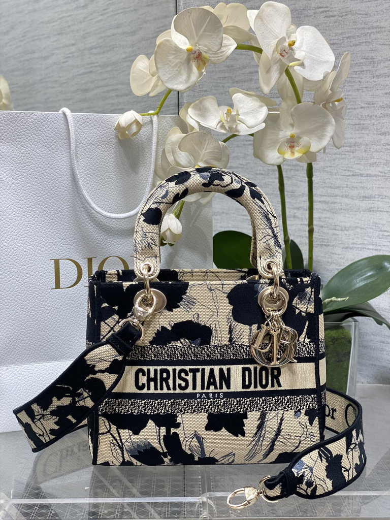 Dior Medium Lady D-Lite Bag M0565 Apricot Peony Embroidery - Default Title - View 1