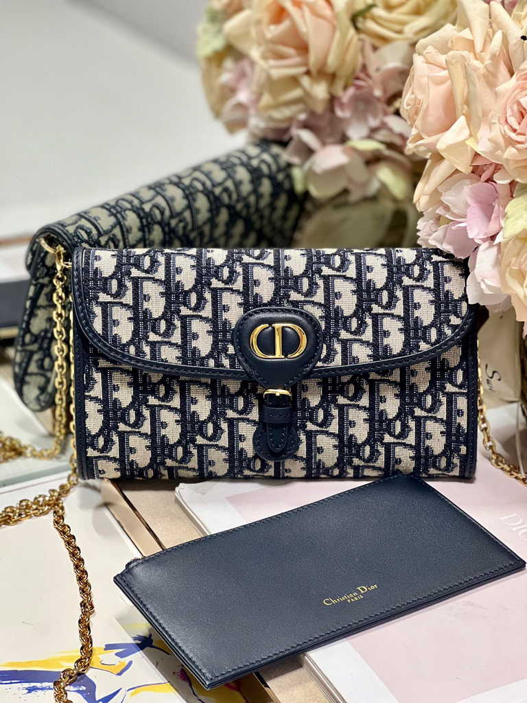 Dior Bobby S5703 East-West Pouch with Chain Blue Oblique Jacquard - Default Title - View 1
