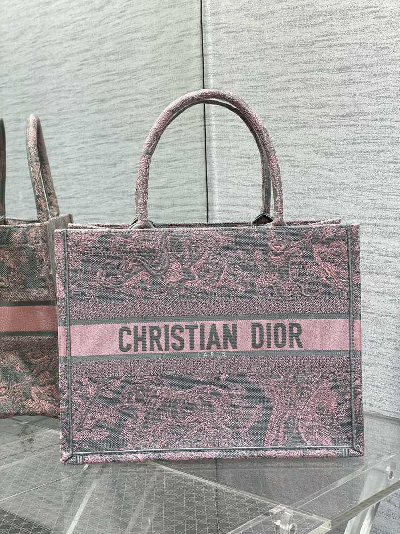 Medium Dior Book Tote M1296 Gray and Pink Toile de Jouy Embroidery