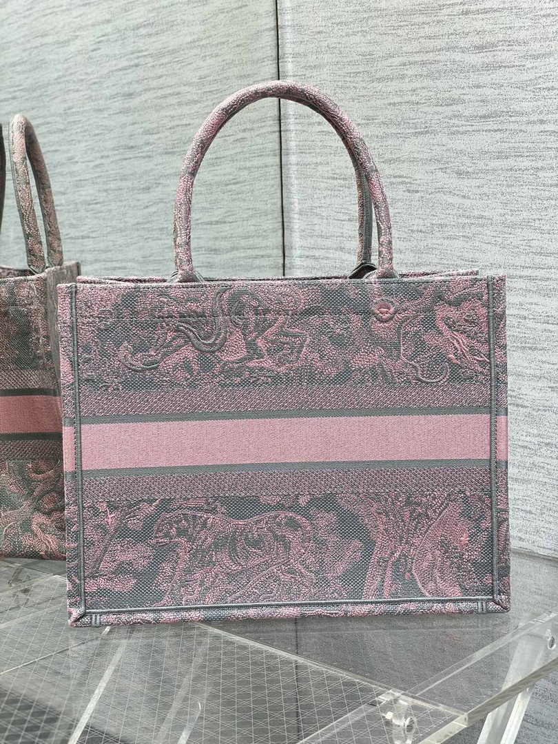 Medium Dior Book Tote M1296 Gray and Pink Toile de Jouy Embroidery