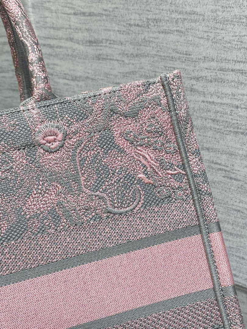 Medium Dior Book Tote M1296 Gray and Pink Toile de Jouy Embroidery