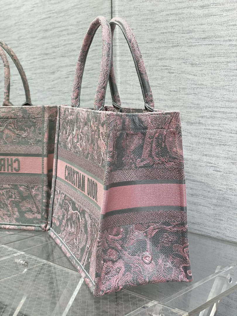 Medium Dior Book Tote M1296 Gray and Pink Toile de Jouy Embroidery