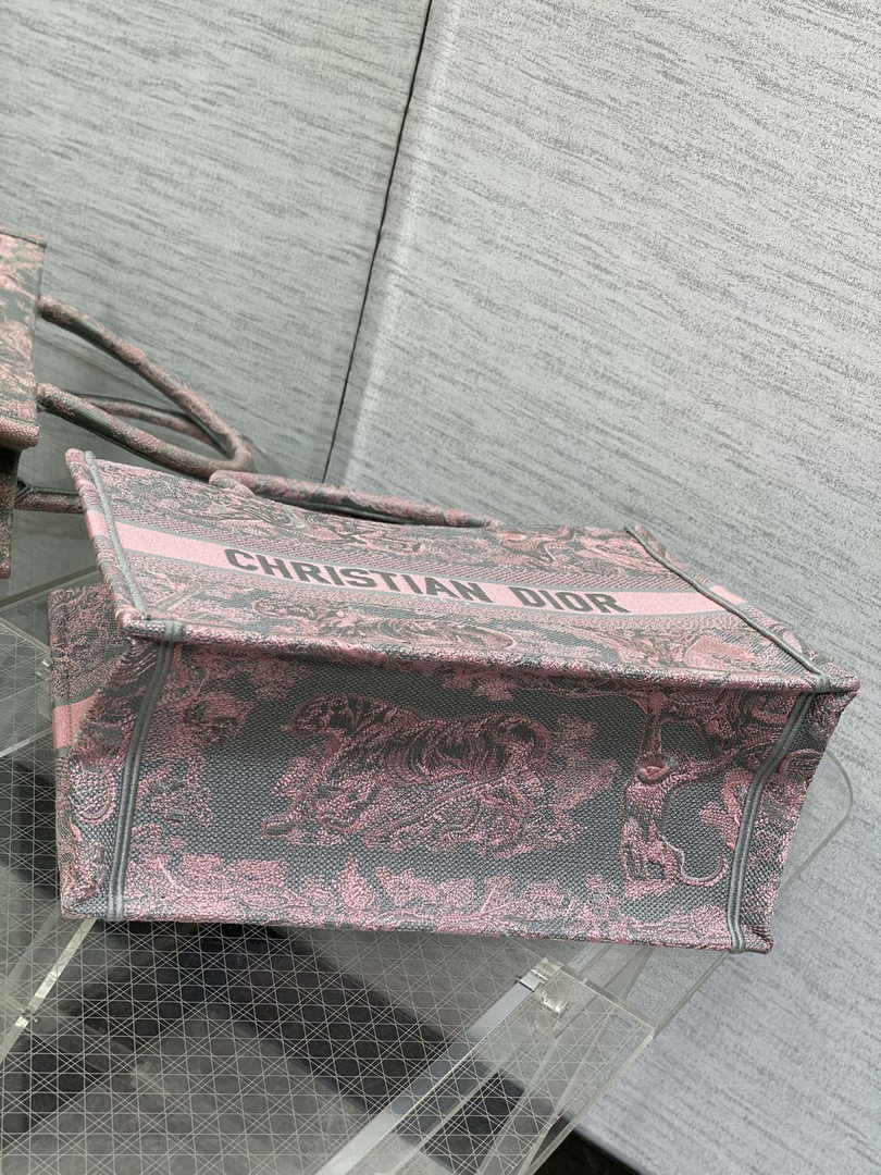 Medium Dior Book Tote M1296 Gray and Pink Toile de Jouy Embroidery