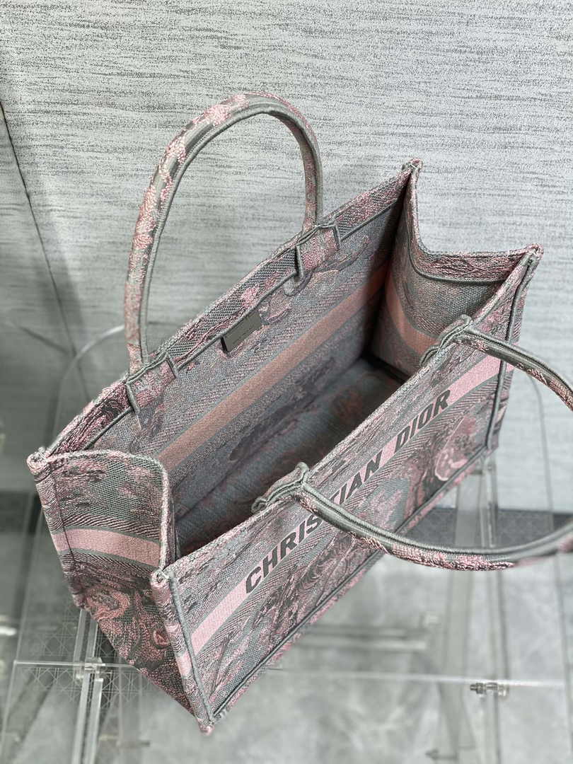 Medium Dior Book Tote M1296 Gray and Pink Toile de Jouy Embroidery