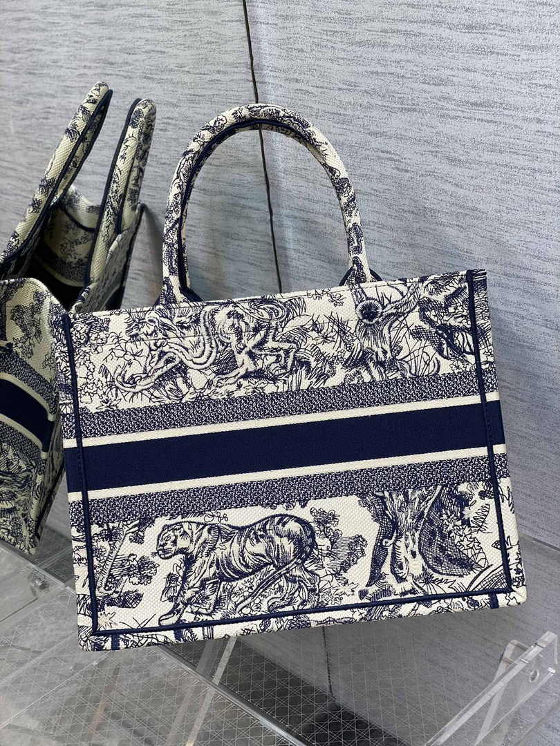 Medium Dior Book Tote M1296 Ecru and Blue Toile de Jouy Embroidery