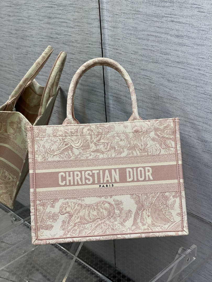 Medium Dior Book Tote M1296 Ecru and Pink Toile de Jouy Embroidery
