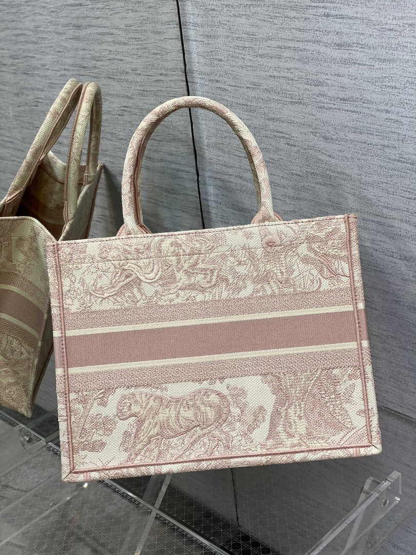 Medium Dior Book Tote M1296 Ecru and Pink Toile de Jouy Embroidery
