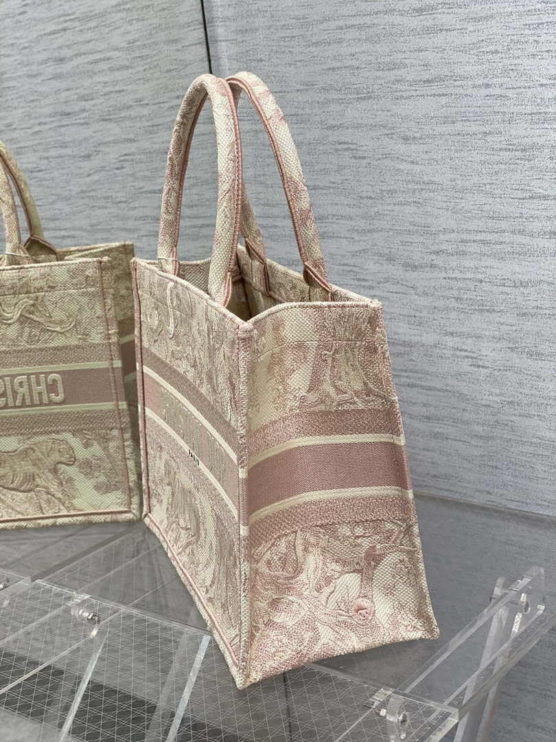 Medium Dior Book Tote M1296 Ecru and Pink Toile de Jouy Embroidery