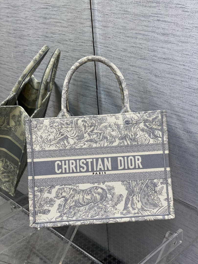 Medium Dior Book Tote M1296 Ecru and Gray Toile de Jouy Embroidery