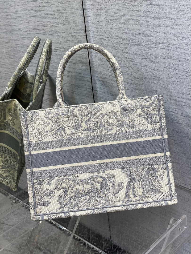 Medium Dior Book Tote M1296 Ecru and Gray Toile de Jouy Embroidery