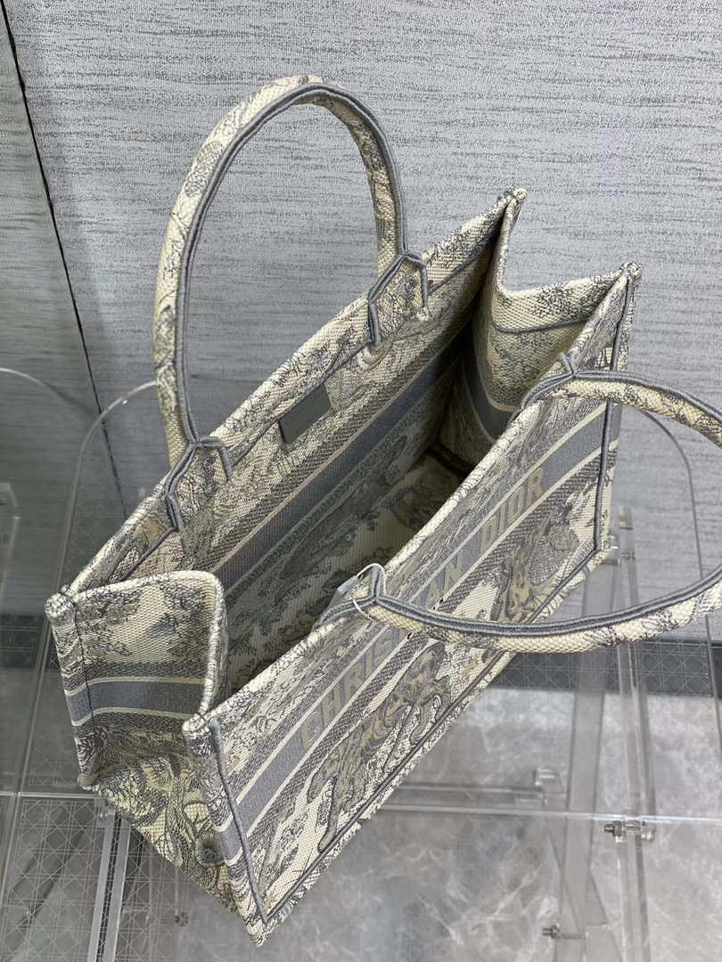 Medium Dior Book Tote M1296 Ecru and Gray Toile de Jouy Embroidery