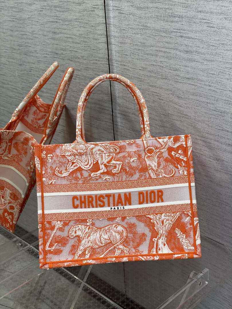 Dior M1296 Book Tote Medium Neon Orange Toile de Jouy Reverse Embroidery - Default Title - View 1