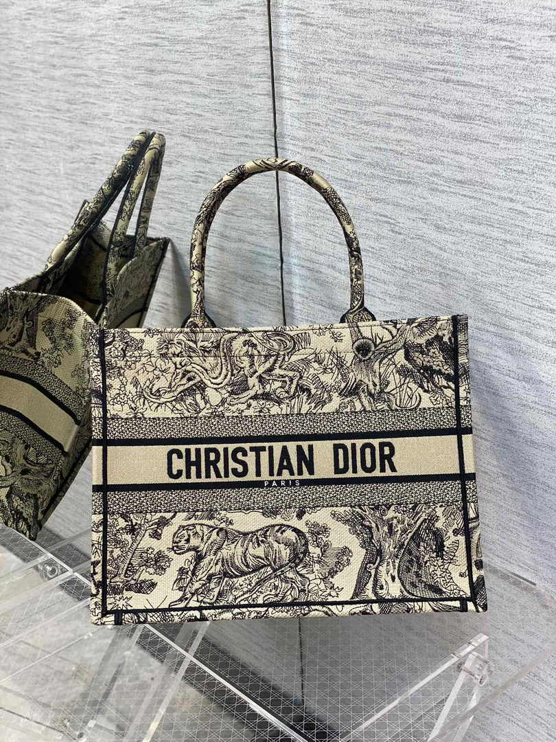 Medium Dior Book Tote M1296 Beige and Black Toile de Jouy Embroidery