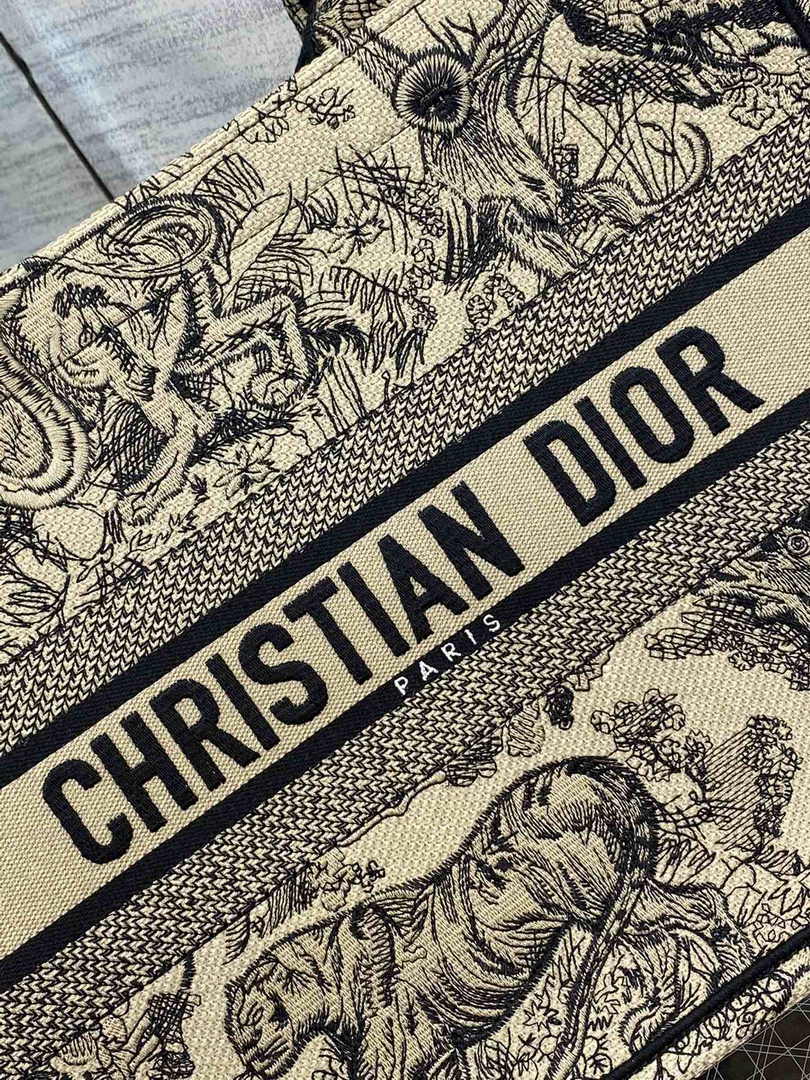 Medium Dior Book Tote M1296 Beige and Black Toile de Jouy Embroidery