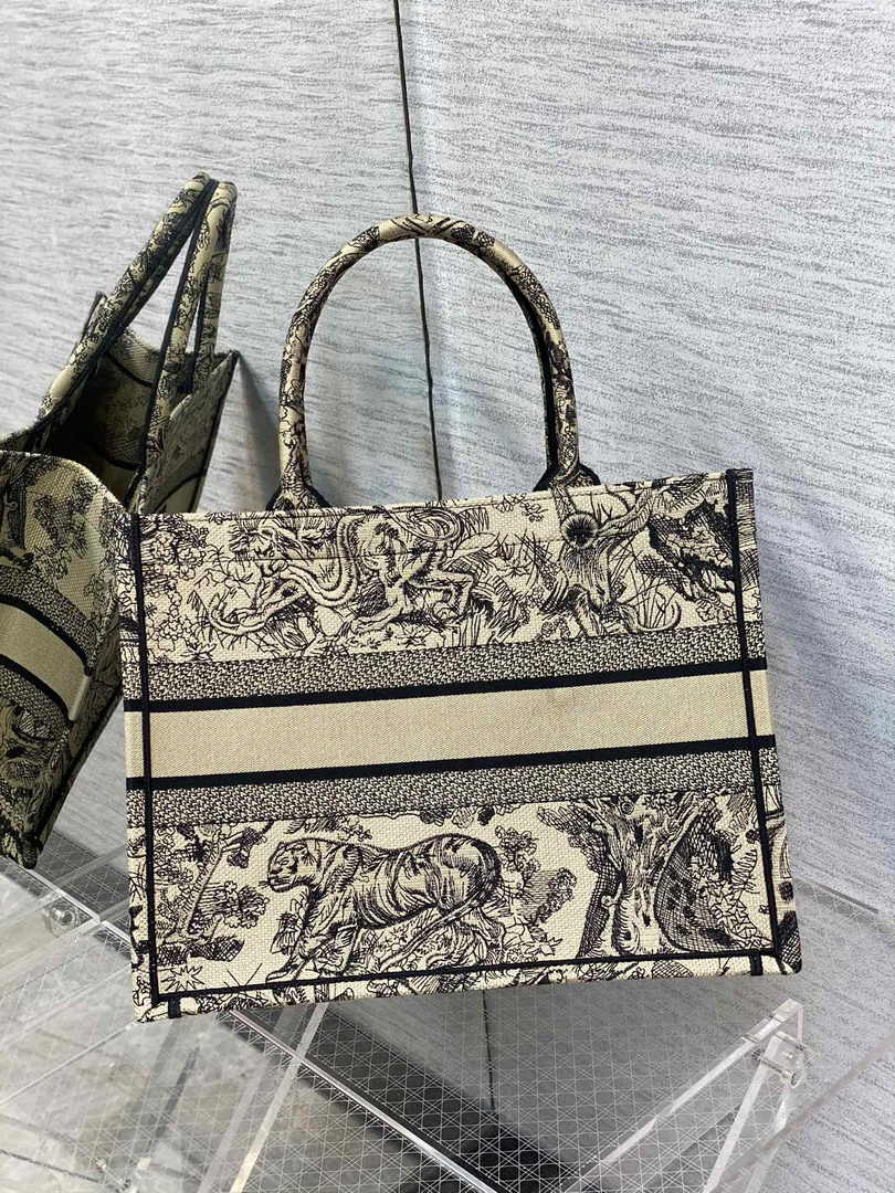 Medium Dior Book Tote M1296 Beige and Black Toile de Jouy Embroidery